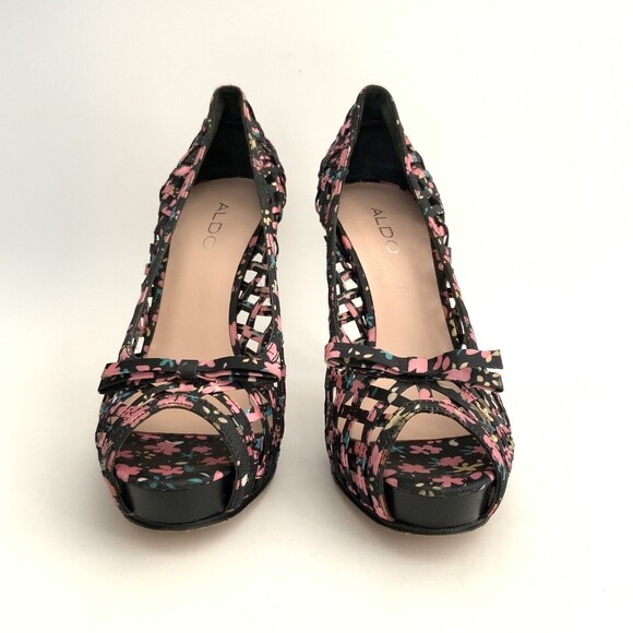 Aldo Pumps Beira Lattice Peep-toe Heels Black Floral 38 - Picture 4 of 12